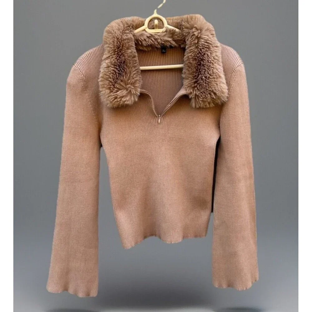 Vtg Y2K My Michelle Faux Fur Collar Ribbed Bella Sweater Size XL Twilight Fall